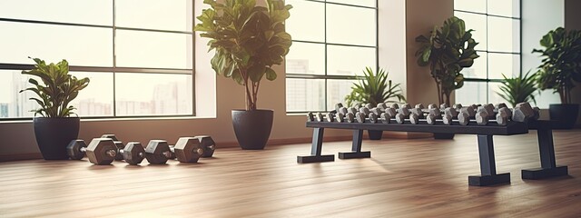 Dumbbells in a clean, modern fitness room. Healthy. exercise - obrazy, fototapety, plakaty