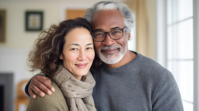 Middle-aged partners find joy in embracing within the walls of their home.