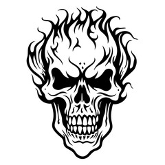 Skull in flames icon illustration, Skull in flames black silhouette logo svg vector