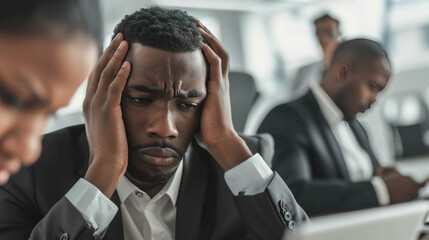 A stressed businessman in a suit holds his head in a gesture of frustration or headache