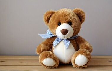 Brown teddy bear with blue bow on gray background. Copy space. Valentine's Day, birthday, or baby shower greeting card	
