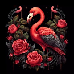 illustration of a flamingo bird with red roses on a black background. generative ai