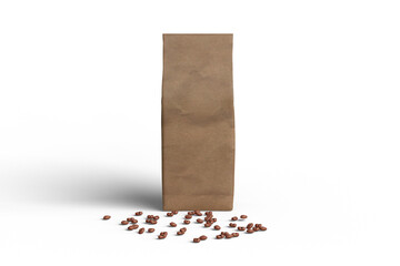 Blank coffee back with spread coffee beans on the floor mockup