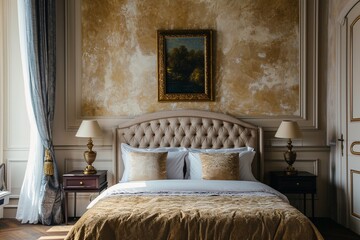 Classic Mediterranean villa Contemporary bedroom with an elegant bed, villa art, intricate stucco wall patterns, and a blank mockup frame