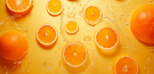 Pattern of fresh orange slices on a yellow background with splashes. Concept of summer, antioxidant snack and Vitamin C. Flat lay - obrazy, fototapety, plakaty
