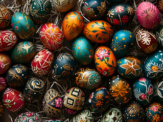 Easter eggs painted in different colors and patterns on a wodden background