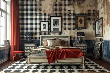 Retro 1950s Americana Contemporary bedroom with a vintage bed, old-school art, intricate checkered wall patterns, and a blank mockup frame