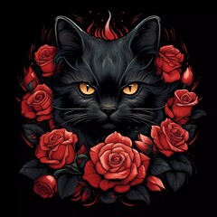 illustration of a cat with red roses on a black background. generative ai