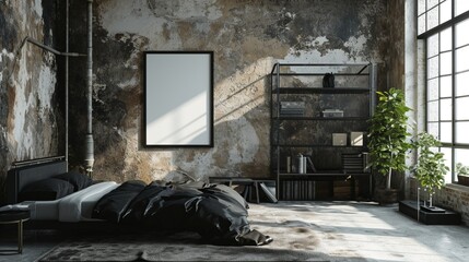 : A minimalist Contemporary bedroom in a converted warehouse, with a monochrome black bed, an edgy black metal shelving unit, and a blank mockup frame on a wall with rough, unfinished textures