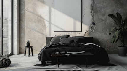 : A minimalist, monastic-inspired Contemporary bedroom with a monochrome black bed, a simple black stool as a nightstand, and a blank mockup frame on a wall with a tranquil, Zen-like painting