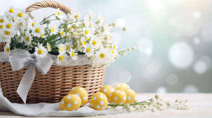Basket filled with fresh daisies accompanied by decorated Easter eggs on a wooden surface
