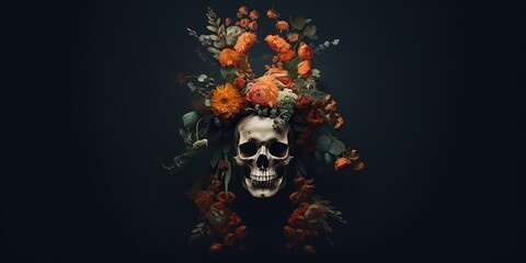 Portrait of a skull adorned with a wreath of flowers on its head , concept of Beauty