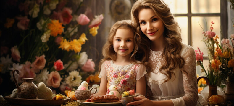 happy holiday mother and her daughter with painting eggs family celebrating easter