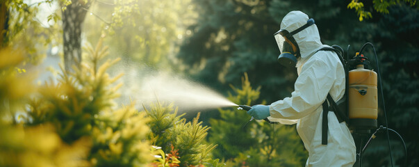 Man in protective suit spring spraying the trees - obrazy, fototapety, plakaty