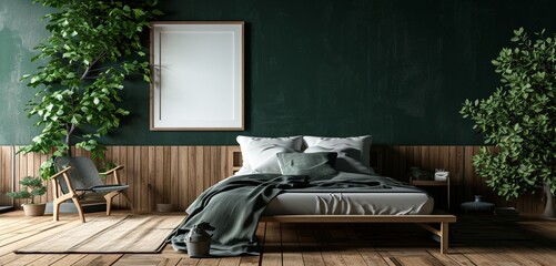 Contemporary forest retreat bedroom with a nature bed, woodland art, and a blank mockup frame on a deep green wall