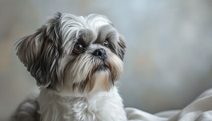 Showcase the sweet and expressive face of a Shih Tzu, capturing the charm and affectionate nature of the breed against a white canvas, shih tzu dog
