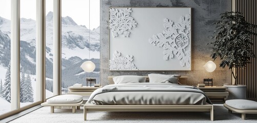 Minimalist Nordic Contemporary bedroom with a simple bed, fjord landscapes, intricate snowflake wall patterns, and a blank mockup frame