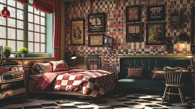 Retro 1950s diner-themed Contemporary bedroom with a booth-style bed, Americana art, intricate checker wall patterns, and a blank mockup frame