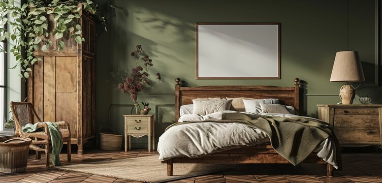 Classic English countryside bedroom with a traditional bed, rural art, and a blank mockup frame on a country green wall