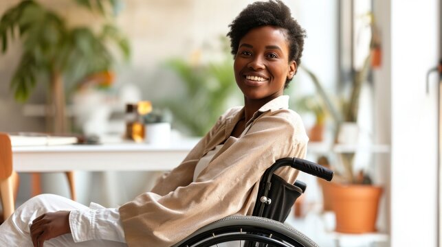 An afro woman in a wheelchair guides a positive and diverse conference meeting.