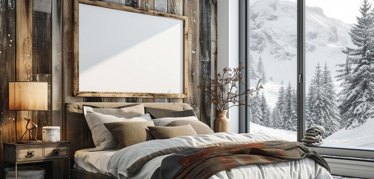 Rustic alpine lodge bedroom with a mountain bed, ski resort art, and a blank mockup frame on a snowcap white wall