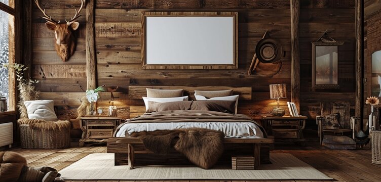 Rustic wilderness lodge bedroom with a log bed, wildlife art, and a blank mockup frame on a forest brown wall
