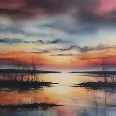 Fototapeta na wymiar Sunset at the mouth of the river. Alcohol ink technique