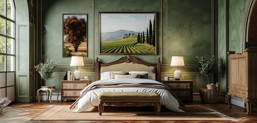 Vintage Italian villa bedroom with a classic bed, Tuscan landscape art, and a blank mockup frame on a vineyard green wall