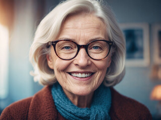Close-up portrait of gorgeous happy senior lady. Highly detailed image.