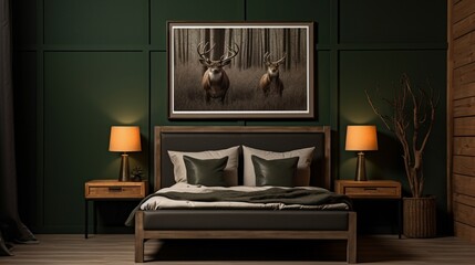 Rustic hunting lodge bedroom with a cabin bed, forest hunting art, and a blank mockup frame on a hunter green wall