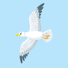 Big white seagull is flying. In cartoon style. Isolated on blue background. Vector flat illustration