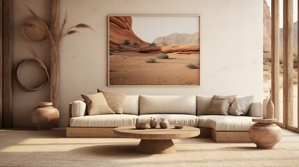 A serene living room with desert-themed decor, a neutral-toned sofa set, and earthy pottery, complemented by a large desert landscape wall art.