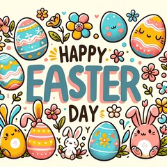colorful designs for "Happy Easter Day" with a hand-drawn aesthetic. Each features traditional Easter elements like eggs, bunnies, and spring flowers in a charming greeting card clipart