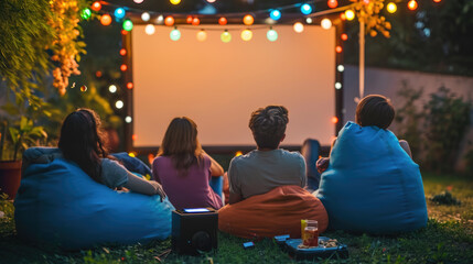 Group of friends from behind, sitting and enjoying an outdoor movie night with a blank screen, surrounded by garden lights at dusk. - obrazy, fototapety, plakaty