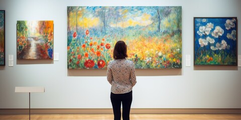 Rear view of individual admiring an impressionist artwork , concept of Art appreciation