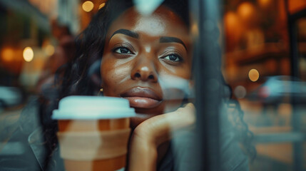 Portrait of attractive young woman drinking coffee in cafe. 