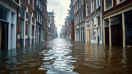 A Dutch city street completely underwater made with Ai generative technology - obrazy, fototapety, plakaty