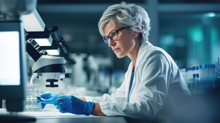 Focused scientist using a pipette in a laboratory setting with a microscope and test tubes visible, indicating research or experimentation. - obrazy, fototapety, plakaty