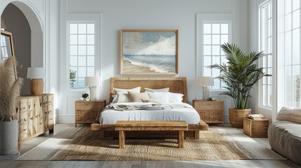 natural coastal interior bedroom beautiful example of modern coastal style including a soft natural color palette, natural elements cane bed blue and white patterned rug and white nights house design