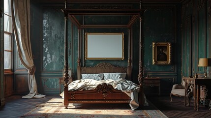Old English manor bedroom with a classic four-poster bed, ancestral portraits, and a blank mockup frame on a hunter green wall