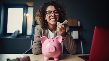 Cheerful young woman, wearing glasses ,sitting at a desk with a pink piggy bank - obrazy, fototapety, plakaty