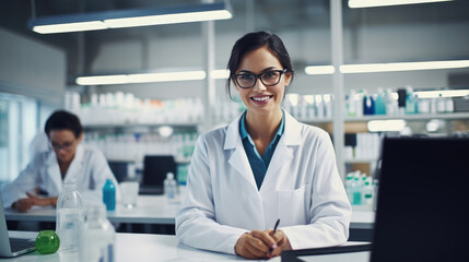 Smiling female scientist with curly hair and glasses, wearing a lab coat in a laboratory setting, with scientific equipment and other researchers in the background. - obrazy, fototapety, plakaty