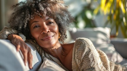 An afro senior woman enjoys a relaxed moment on the sofa at home, embracing a healthy lifestyle and positive vibes. - obrazy, fototapety, plakaty