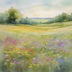 Fototapeta na wymiar Watercolor painting of an impasto of a wildflower field. 