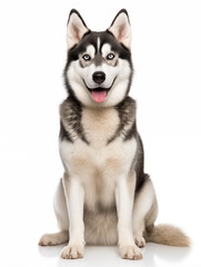 Happy Siberian Husky dog sitting looking at camera, isolated on all white background