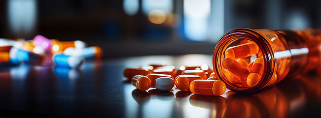 Colorful tablets with capsules and pills on table and defocused home background