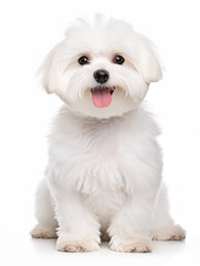 Happy maltese bichon dog  sitting looking at camera, isolated on all white background - obrazy, fototapety, plakaty