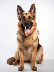 Happy german shepherd dog sitting looking at camera, isolated on all white background