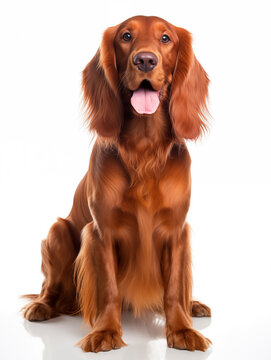 Happy irish setter dog sitting looking at camera, isolated on all white background