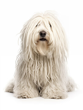 Happy komondor dog sitting looking at camera, isolated on all white background